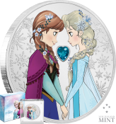 Elsa & Anna ~ Sisters from Frozen movie ~ Silver 1oz Coin with Heart-Shaped Crystal in Transparent Case