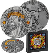 Christ-Savior-Silver-Coin-with-High-Relief-Gilding-and-Amber-Inserts-in-Frame-Case-2021-Mint of Poland