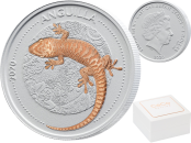 Gecko ~ Silver Coin with Ceramic covering and selectively Gilded with Rose Gold ~ in Case 2020 1 dollar Anguilla